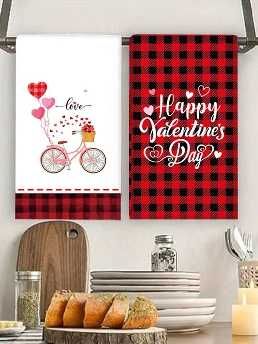 2入組超細纖維15.7*23.6英寸矩形聚酯纖維廚房毛巾，印有LOVE字母和小矮人圖案，現代簡約風格，適用於廚房、浴室、客廳、餐廳、臥室等場所，是送給父母和朋友的不錯禮物 - 紅色 - 查看 1