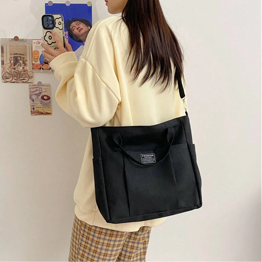 1入新款大容量女士帆布手提包,單肩包,斜挎包,適用於學校,休閒,可裝放筆記型電腦 - 彩色 - 查看 1