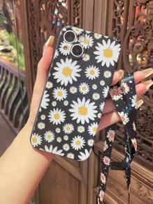 1 件透明簡約霧面黑色 Tpu 手機殼帶彩繪雛菊花圖案和掛繩相容 Apple/三星/小米/華為型號 - 黑色 - 查看 1