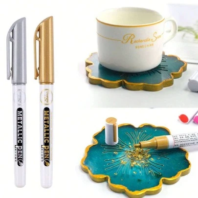 2/4入組金銀色金屬繪畫筆組，配有亞克力顏料，適用於簽名、賀卡、婚禮會計、DIY手冊裝飾等，金銀色繪畫筆，金屬標記筆，適用於DIY手工藝品