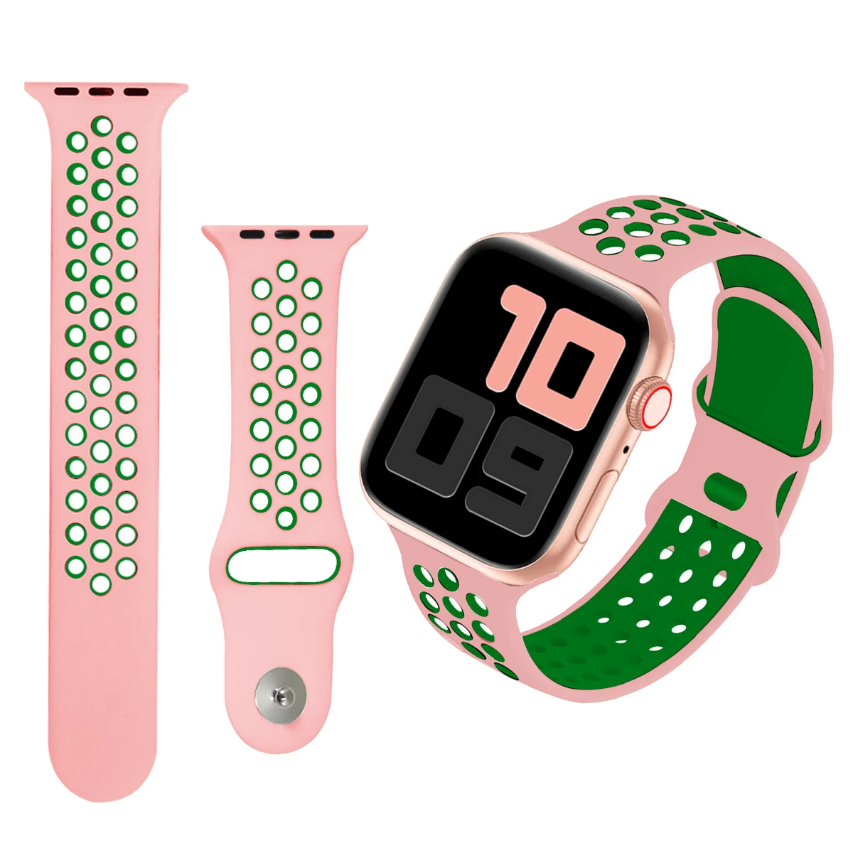 Correa de Reloj Deportiva de Silicona Transpirable, Pulsera de Silicon Extensible Impermeable Compatible con Apple Watch - Rosa/Verde 38/40mm m/l - Ver 1