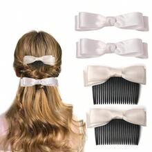 4 件裝蝴蝶結髮夾女孩緞帶爪夾緞面蝴蝶結髮夾可愛髮夾青少年兒童髮側梳蝴蝶結髮夾 - 白色 - 查看 1