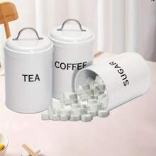 3pcs/Set Countertop Airtight Kitchen Canisters, Tea Coffee Sugar Storage Containers, White Farmhouse Style Kitchen Decoration And Accessories - White - View 4