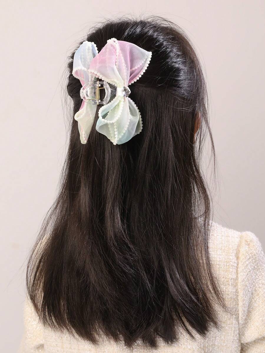 1 個女孩彩虹色絲帶珍珠蝴蝶結夾 - 彩色 - 查看 1
