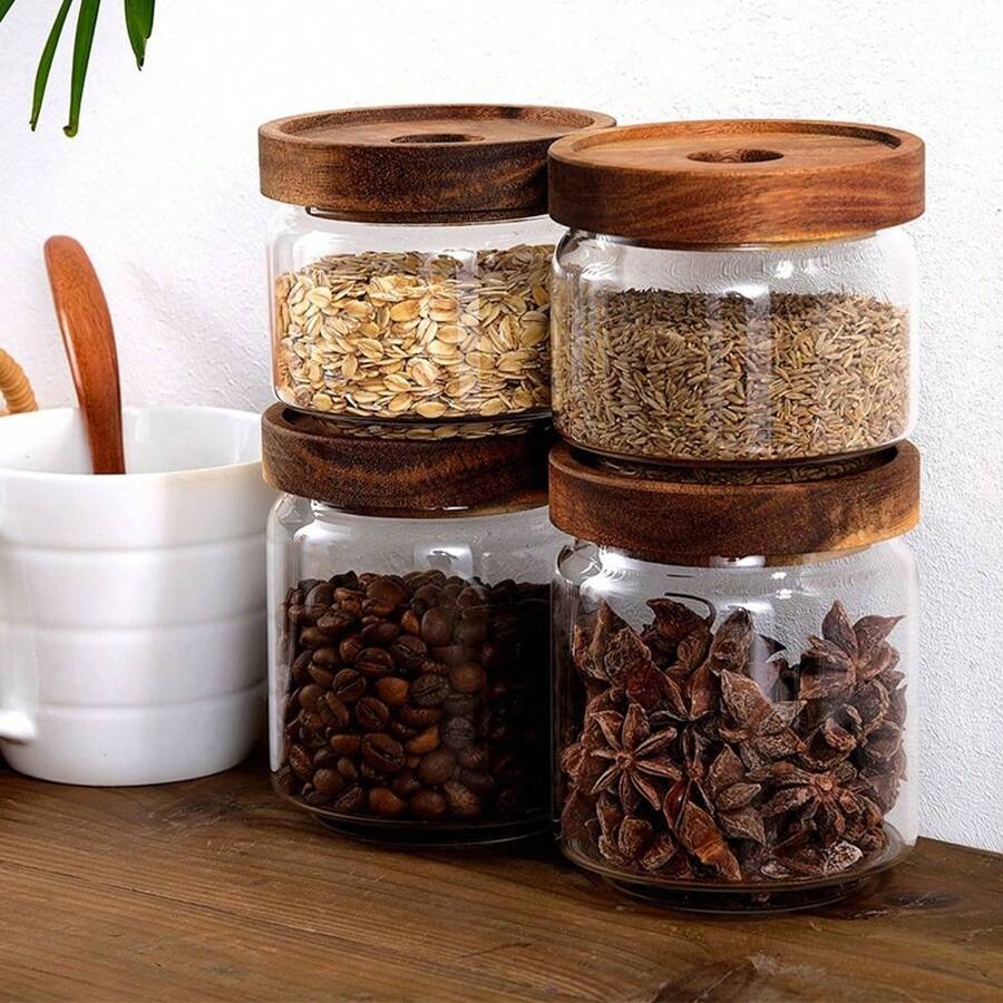 1pc Glass Storage Jar, Food Storage Container With Airtight Wooden Lid, Kitchen Canisters For Tea,Coffee Bean, Sugar, Candy, Cookie - Clear - View 1