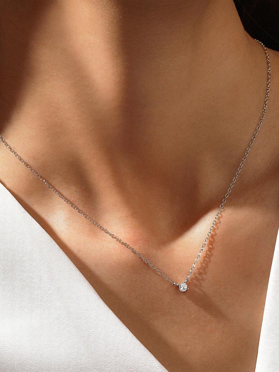 1PC Round Cubic Zirconia 925 Sterling Silver Necklace For Women Initial Pendant Long Chain Wedding Jewels Luxury  Fine Jewelry