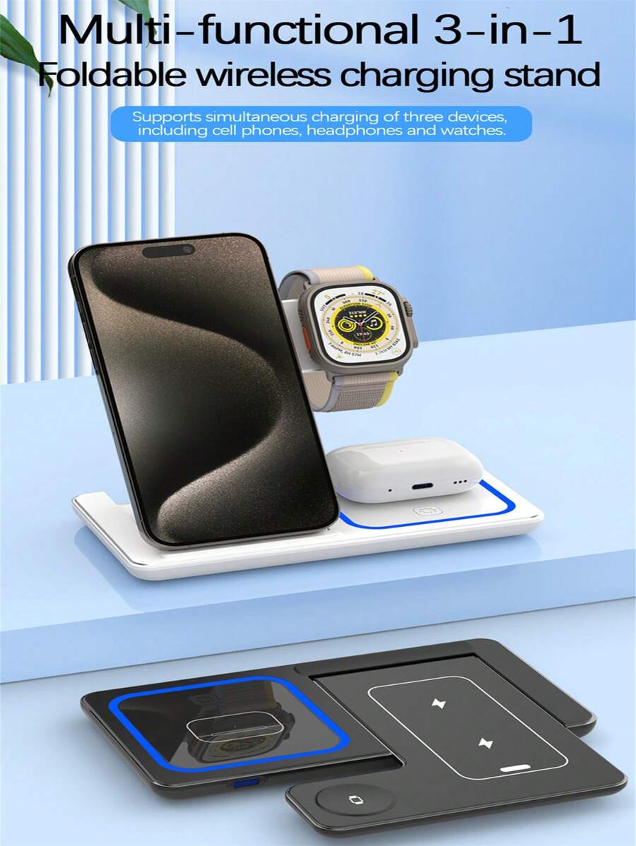 3 In 1 Foldable LED Fast Wireless Charger Stand Compatible With IPhone 14 13 12 11 Apple Watch Airpods Pro 8 7 Charging Station - White - View 1