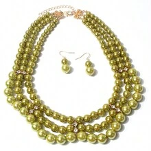 3pcs Faux Pearl Necklace And Earrings Set - Army Green - View 2