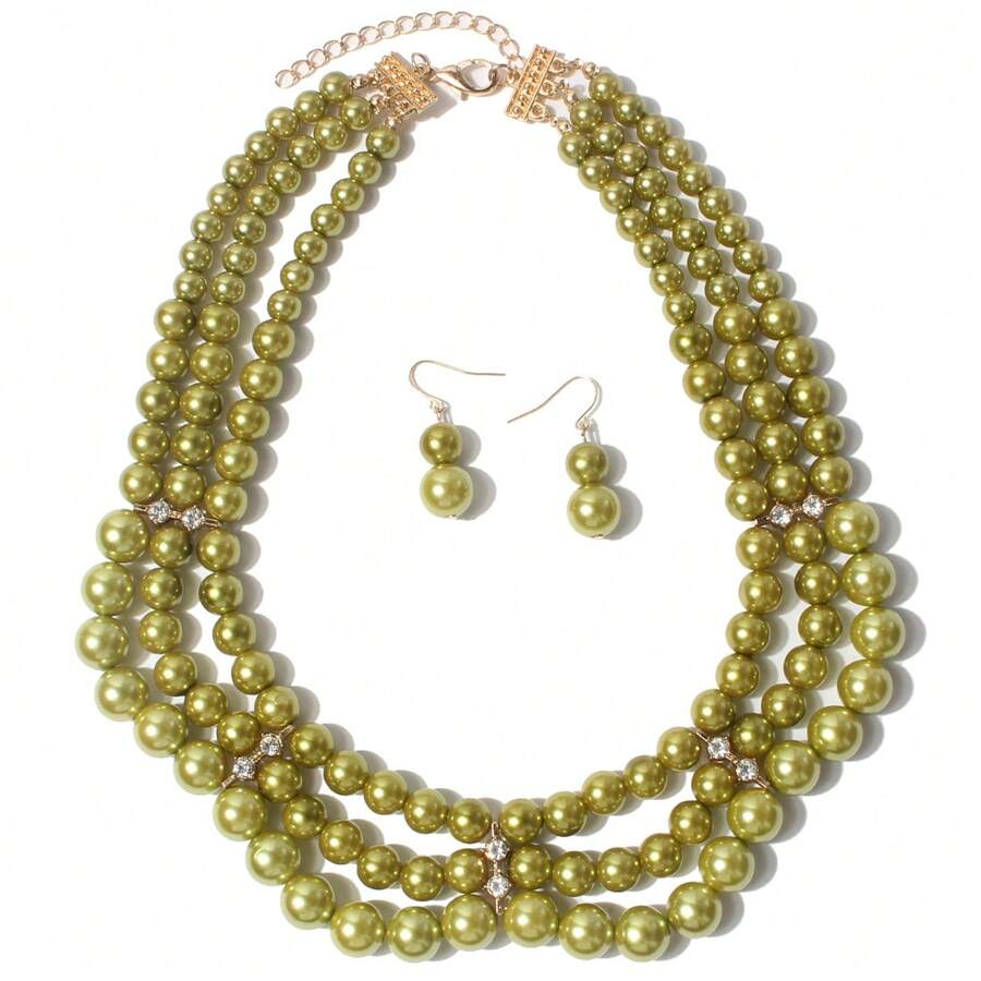 3pcs Faux Pearl Necklace And Earrings Set - Army Green - View 1