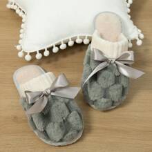新品上市女用室內毛拖鞋帶蝴蝶結和鞋頭,秋冬 - 灰色 - 查看 5
