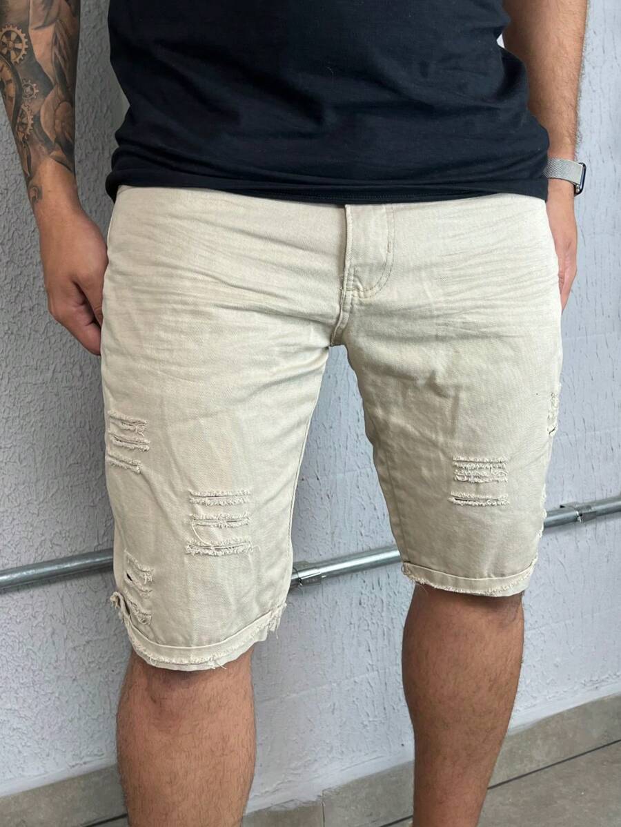 Men Denim Shorts - 米色 - 查看 1