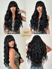 30 英寸黑色假发长卷波浪假发，浪漫美丽的合成假发，带刘海假发，适合日常生活和派对。 - 黑色 - 查看 8
