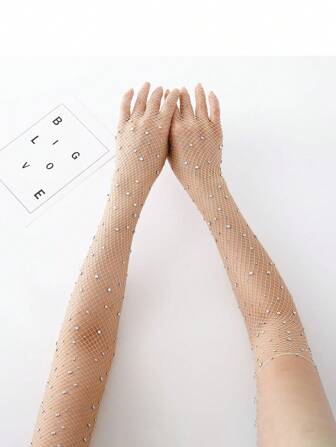 1pc Shiny Colored Rhinestone Fishnet Gloves For Sexy & Personalized Nightclub Outfits. Stylish Rhinestone Embellished Netting Design. Great Valentine'S Day Gift & Festive Gift Halloween
