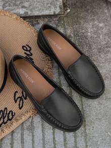 春夏季女鞋平底厚底,黑色皮革舒適工作鞋,適合工作和休閒,防滑秋季懶人鞋 - 黑色 - 查看 2