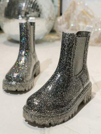 1 Paar Mädchen Silber Wasserdichte & rutschfeste Gummistiefel mit dicker PVC-Sohle, glänzend und im britischen Stil, abriebfest