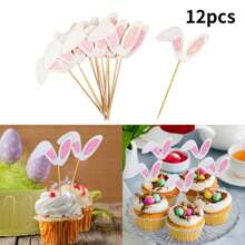 12 Piezas Toppers De Papel Para Cupcakes En Forma De Orejas De Conejo Para Fiesta De Pascua/cumpleaños/picnic - Rosa 12 Uds. - Ver 3