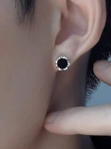 1 對時尚 925 純銀和黑瑪瑙圓形耳環女式,學院風格設計,適合日常佩戴、週年紀念、生日禮物,適合喜歡嘻哈和搖滾風格耳環的男士
