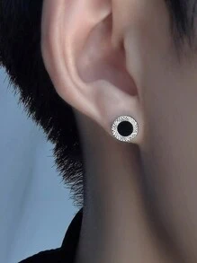 1 對時尚 925 純銀和黑瑪瑙圓形耳環女式,學院風格設計,適合日常佩戴、週年紀念、生日禮物,適合喜歡嘻哈和搖滾風格耳環的男士