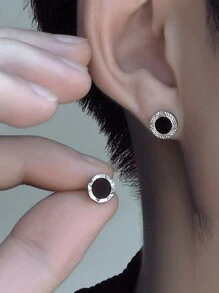 1 對時尚 925 純銀和黑瑪瑙圓形耳環女式,學院風格設計,適合日常佩戴、週年紀念、生日禮物,適合喜歡嘻哈和搖滾風格耳環的男士