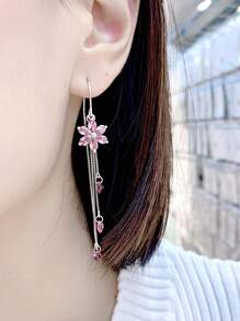 女士925十足銀花形耳環，2023新款長流蘇耳環配飾度假必備 - 粉色 - 查看 3
