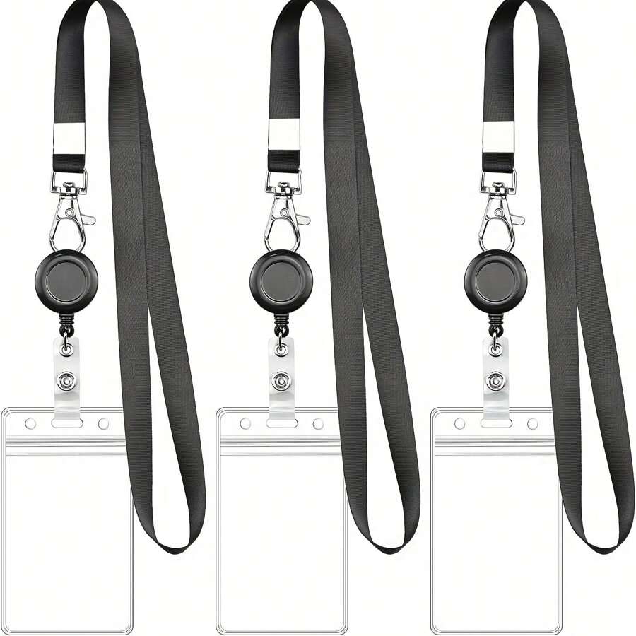 Mobile Phone Lanyard With Retractable Easy-Pull Pvc Vertical Card Holder, Waterproof & Transparent Back To School - Black - View 1