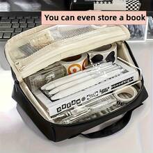 1個大容量筆袋,標記筆盒,化妝刷收納袋,小袋,可攜式筆盒 - 黑色 - 查看 4