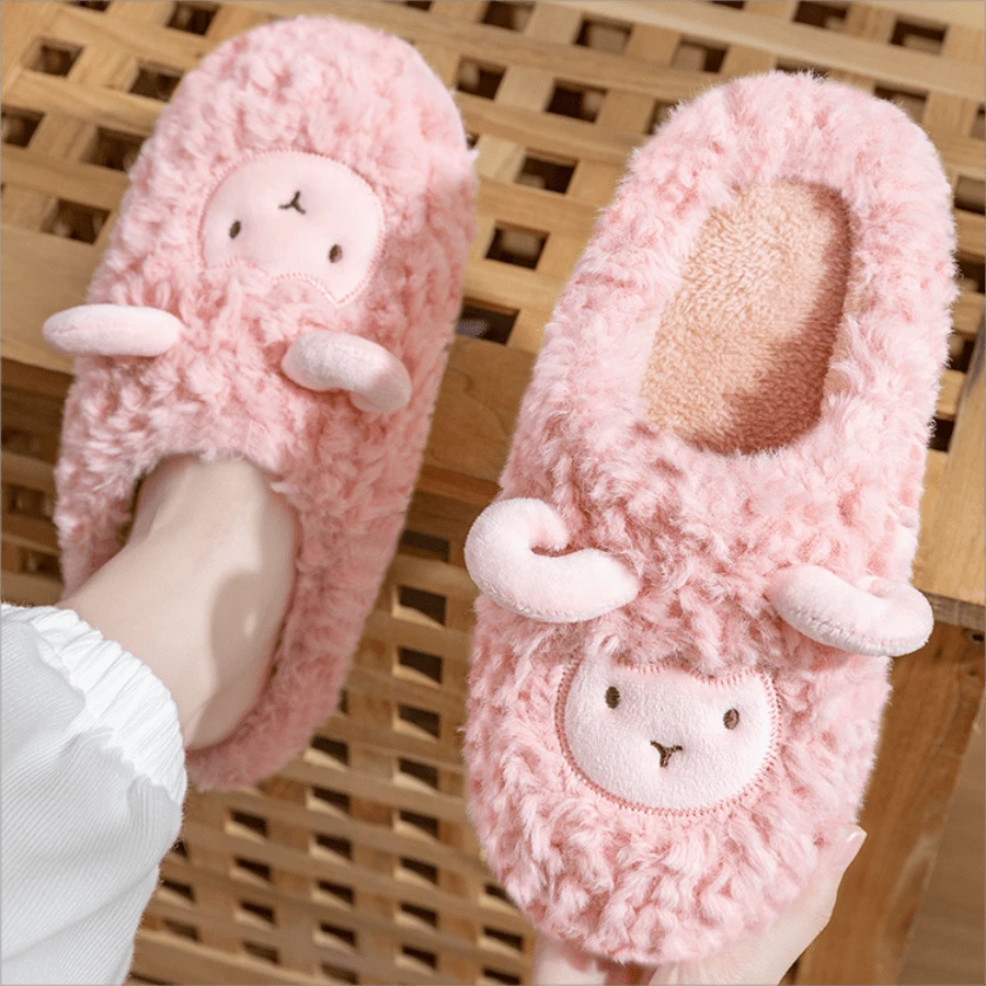Cartoon Sheep Design Plush Slippers, Women's House Slippers, Warm & Cute For Winter - Pink - View 1
