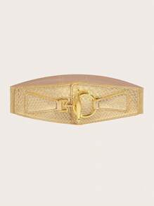 1 Pc Women's Golden Snakeskin Leather Clasp Elastic Waist Belt, Suitable For Various Dresses And Coats For Daily Commute - Gold - View 3