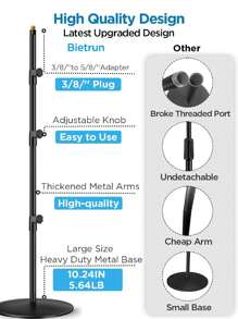 Round Base Microphone Stand, Bietrun Heavy Duty Adjustable Metal Mic Floor Stand For Singing/Stage With 2 Universal Mic Clip, 3/8'' To 5/8''Adapter, For Shu Re SM7B/SM58/Sam Son Q2U/Podmic&More - Black - View 3