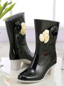 2024年新款透氣高跟方跟防水台時尚雨靴防滑中小腿水鞋山茶花裝飾膠鞋 - 黑色 - 查看 1
