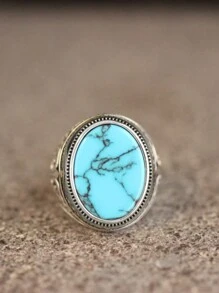 Vintage Ring Inlaid Turquoise In Egg Shape Retro Design On The Setting Match Daily Outfits Party Accessory  Luxury Jewelry - Silver - View 2