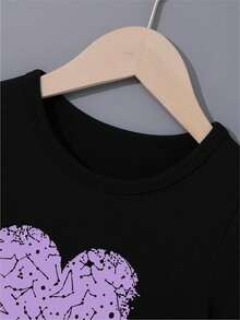 Young Girl Casual Heart Print Mid-Length Summer Dress, Short Sleeve - Black - View 5