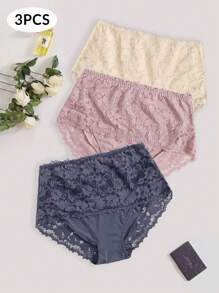 3入組女性大碼蕾絲高腰三角褲,有花卉圖案,浪漫極簡,適用於日常穿著 - 彩色 - 查看 1