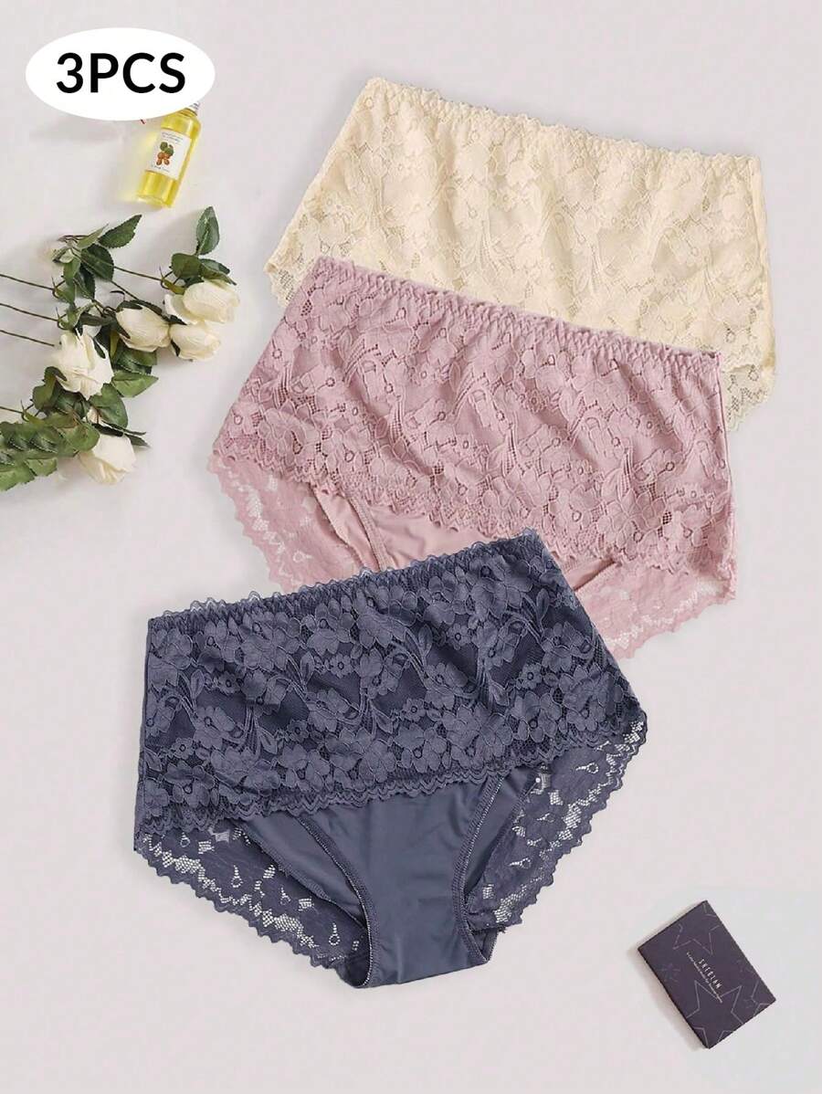 3入組女性大碼蕾絲高腰三角褲,有花卉圖案,浪漫極簡,適用於日常穿著 - 彩色 - 查看 1
