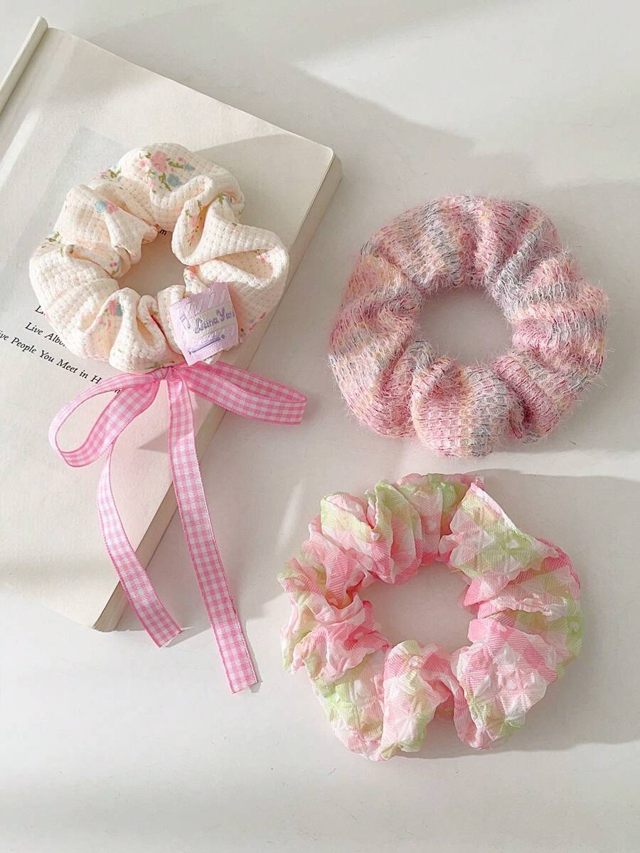 3 Bow Knitted Printed Ditsy Floral Love Plaid Simple Fashionable Soft And Comfortable Hair Tie Combination Set