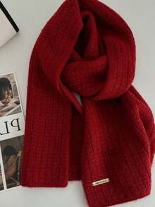情侶適用的秋冬款純色提花含毛圍巾,柔軟,厚實,保暖和親膚,可當作休閒披肩使用 - 紅色 - 查看 3