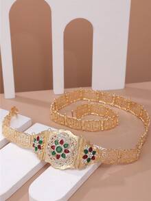 1個中空水晶花形金屬腰鏈,摩洛哥風格婚禮新娘裙腰帶,花瓣設計＆全鑽飾,可調節長度,身體珠寶 - 金色 - 查看 4