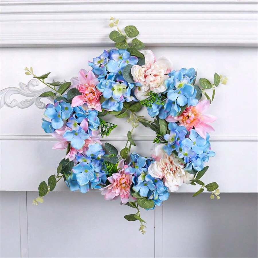 1pc,Blue Hydrangea Wreath,Spring Summer Wreaths For Front Door, Artificial Blue And Pink Flowers Spring Door Wreath ,Spring Floral Wreath For Indoor, Outdoor, Home Wall Window Decoration - Multicolor - View 1