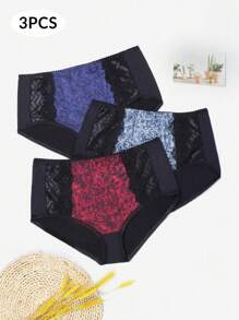 3pcs Women's Floral Print Lace Trimmed Triangle Panties, Comfortable, Halloween - Multicolor - View 1