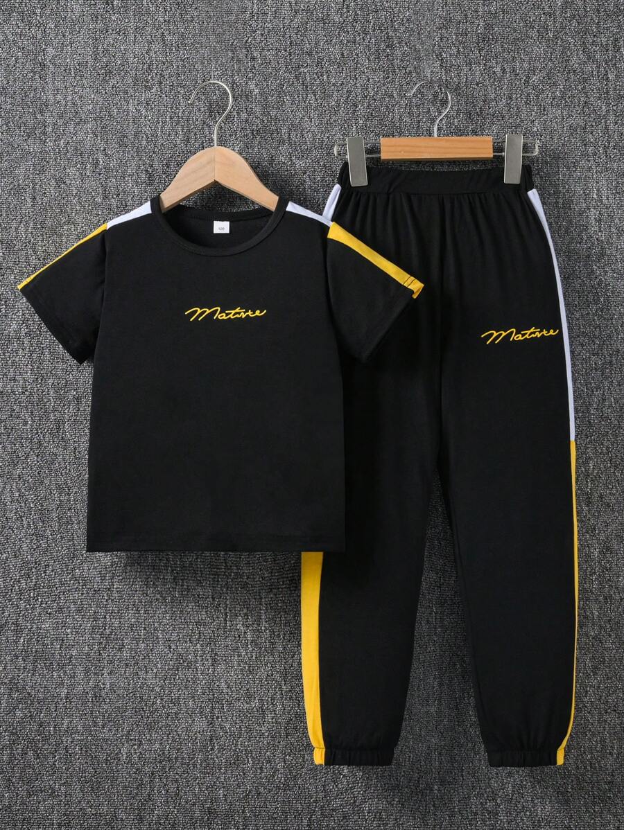 2 件套 Tween 男童字母印花短袖 T 恤和裤子套装,夏季 - 黑色 - 查看 1