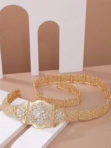 1個摩洛哥風格的金屬腰鏈,女性腰鏈飾品,婚禮禮服配件,帶有花瓣圖案的鑲滿閃亮鑽石的空心水晶花吊墜,可調節長度的身體珠寶 - 金彩中間紅 - 查看 5