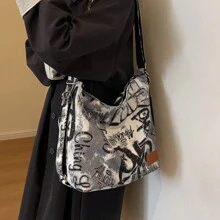 Uncommon Design Japanese Style Fashionable Graffiti Patterned Casual Crossbody Bag With Large Capacity For Commuting, Minimalist Tote Backpack - Grey - View 3
