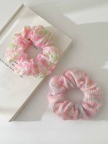 3 Bow Knitted Printed Ditsy Floral Love Plaid Simple Fashionable Soft And Comfortable Hair Tie Combination Set - Multicolor - View 5