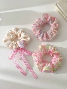 3 Bow Knitted Printed Ditsy Floral Love Plaid Simple Fashionable Soft And Comfortable Hair Tie Combination Set - Multicolor - View 8