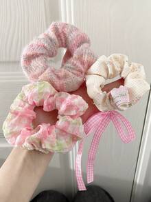3 Bow Knitted Printed Ditsy Floral Love Plaid Simple Fashionable Soft And Comfortable Hair Tie Combination Set - Multicolor - View 3