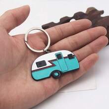 1pc Cartoon Camping Car Model Keychain, Metallic Pendant For Car Key Accessories - Blue - View 4