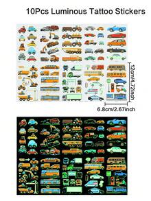 10sheets Engineering Vehicle Style Glow-In-The-Dark Temporary Tattoo Sticker With Cartoon Engineering Vehicle Pattern, Long Lasting And Waterproof, Perfect For Festival Party Makeup, Party Gift - Multicolor - View 3