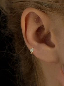 1對方形鋯石925銀星花鋯石環耳環，女士日常裝飾 - 金色 - 查看 2