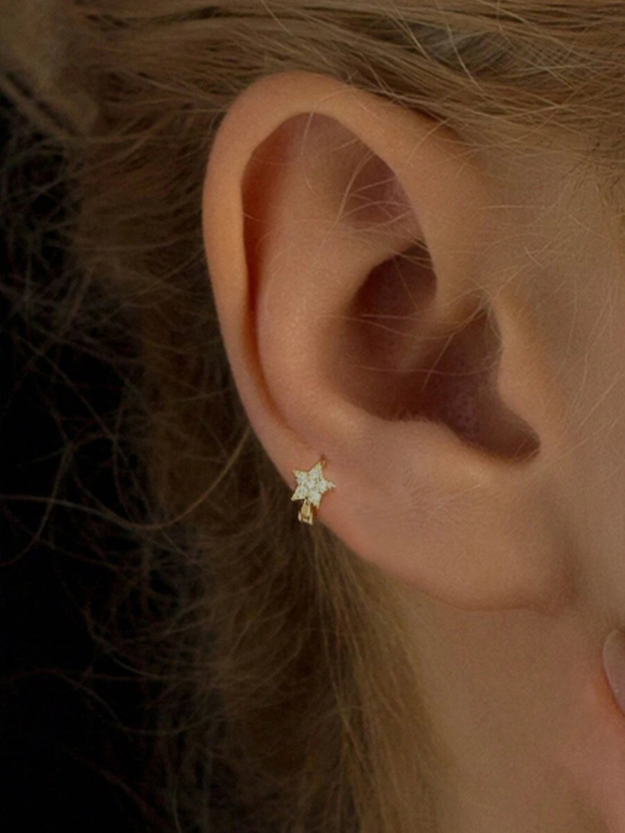 1對方形鋯石925銀星花鋯石環耳環，女士日常裝飾