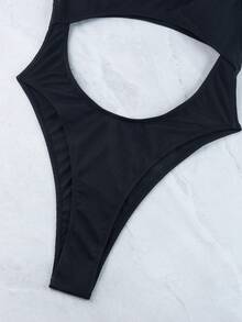1pc Women's Summer Beach Vacation Ribbed Black Hollow Out One-Piece Swimsuit - Black - View 8